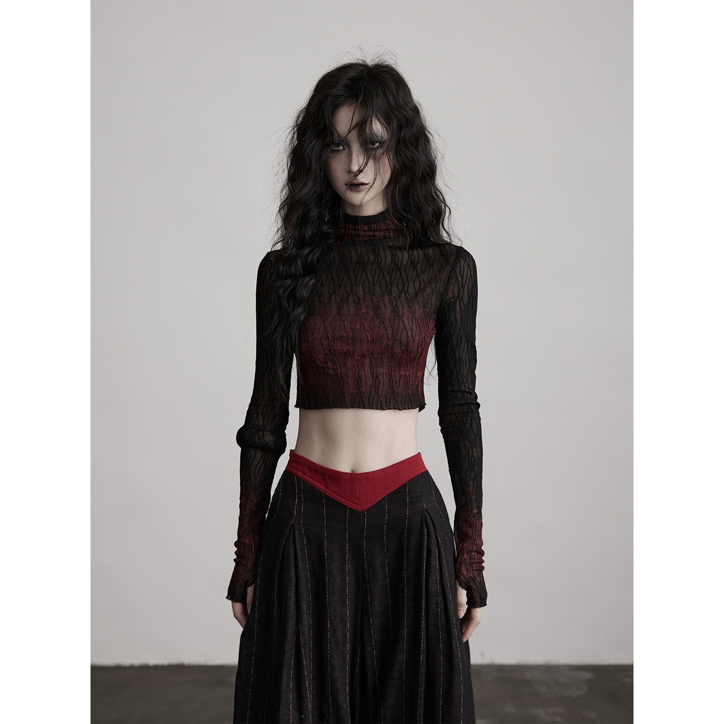 INDULGE_Soft_Stretch_Gradient_Mock_Neck_Long_Sleeve_Women_Nylon_Knit_Slim_T-Shirts_MISSTT