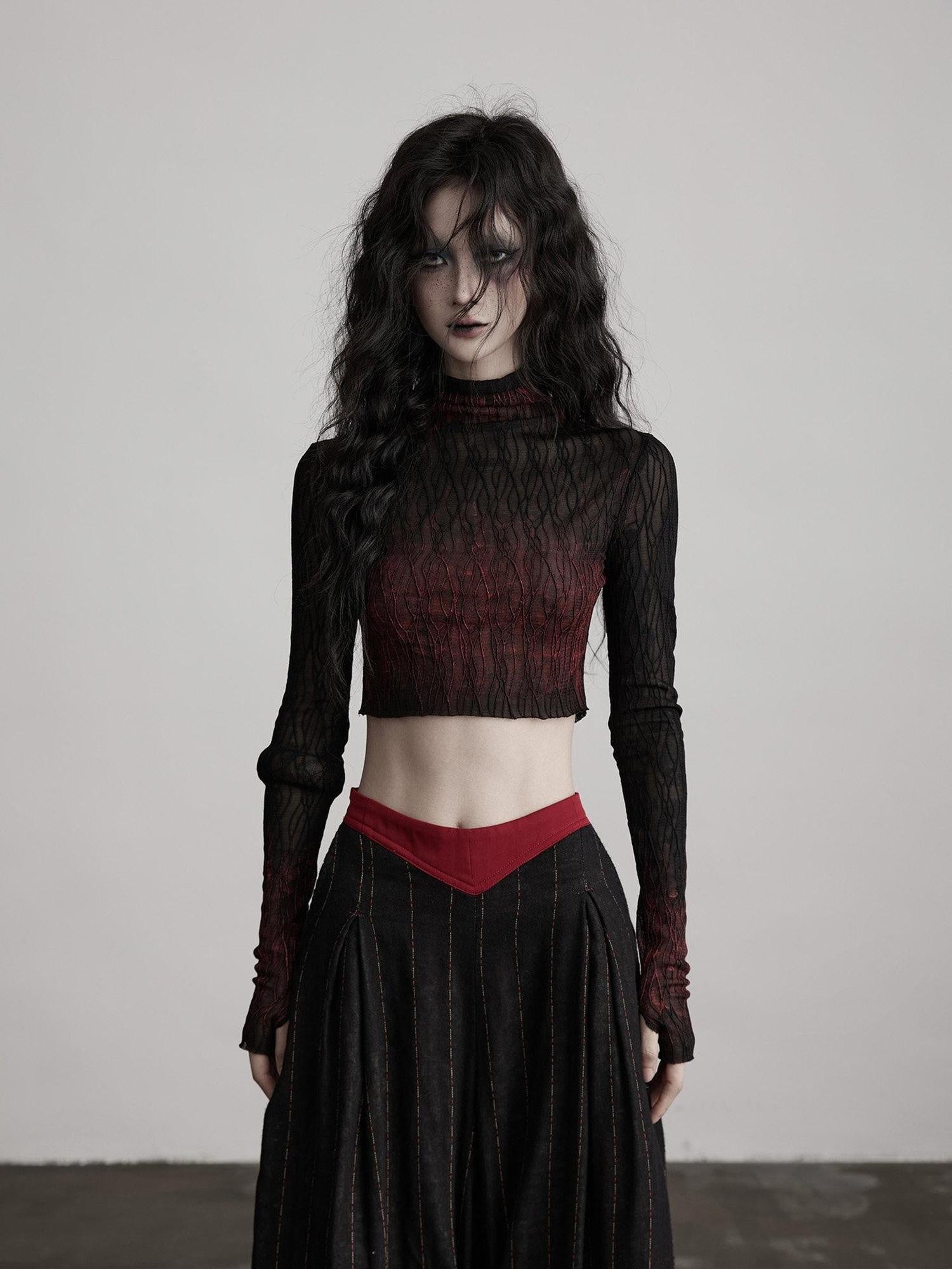 INDULGE Soft Stretch Gradient Mock Neck Long Sleeve Women Nylon Knit Slim T-Shirts