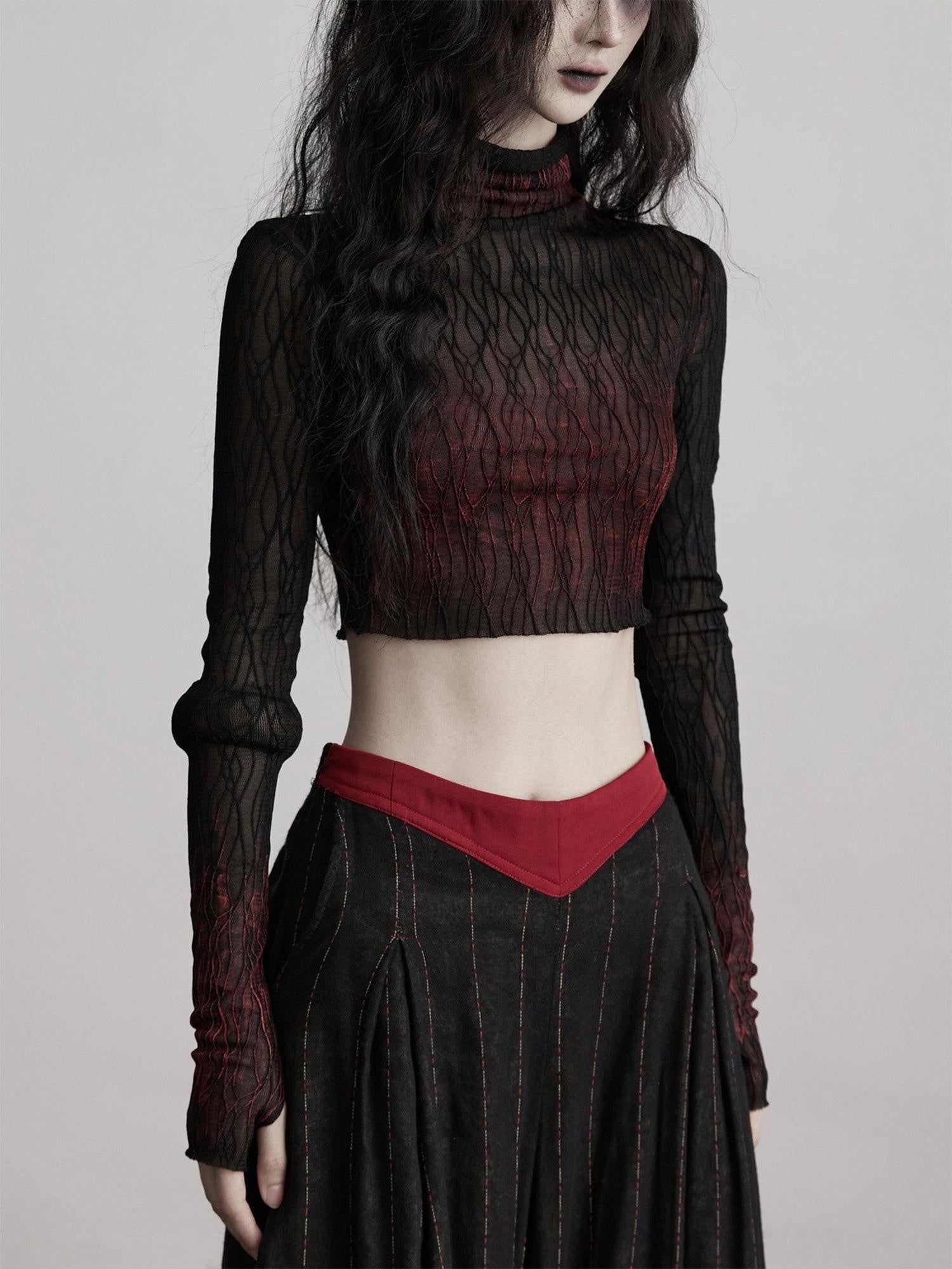 INDULGE Soft Stretch Gradient Mock Neck Long Sleeve Women Nylon Knit Slim T-Shirts