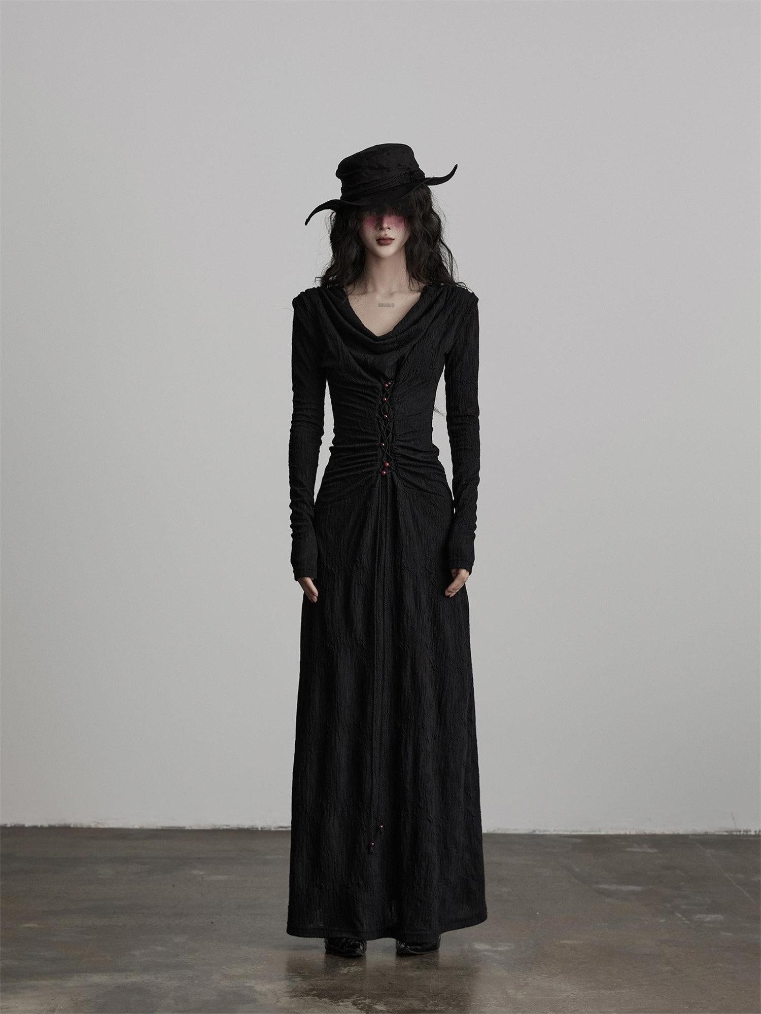 INDULGE Soft Wool Blend Patchwork Waist Cinch Drape Neck Black Women Casual Maxi Dresses