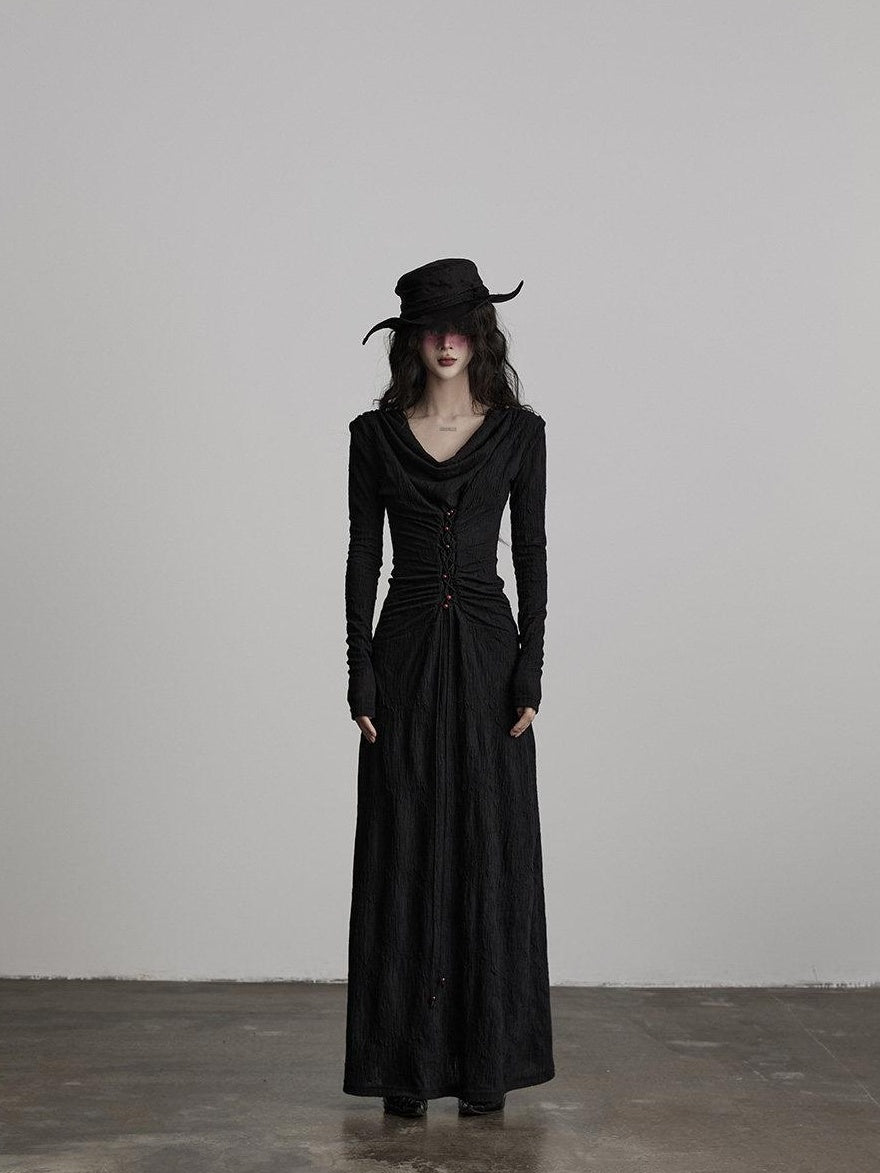 INDULGE Soft Wool Blend Patchwork Waist Cinch Drape Neck Black Women Casual Maxi Dresses