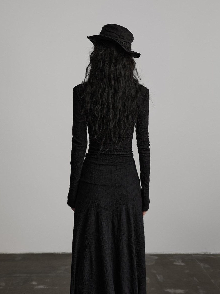 INDULGE Soft Wool Blend Patchwork Waist Cinch Drape Neck Black Women Casual Maxi Dresses