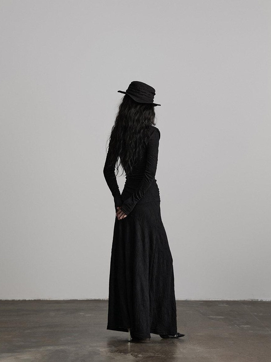 INDULGE Soft Wool Blend Patchwork Waist Cinch Drape Neck Black Women Casual Maxi Dresses
