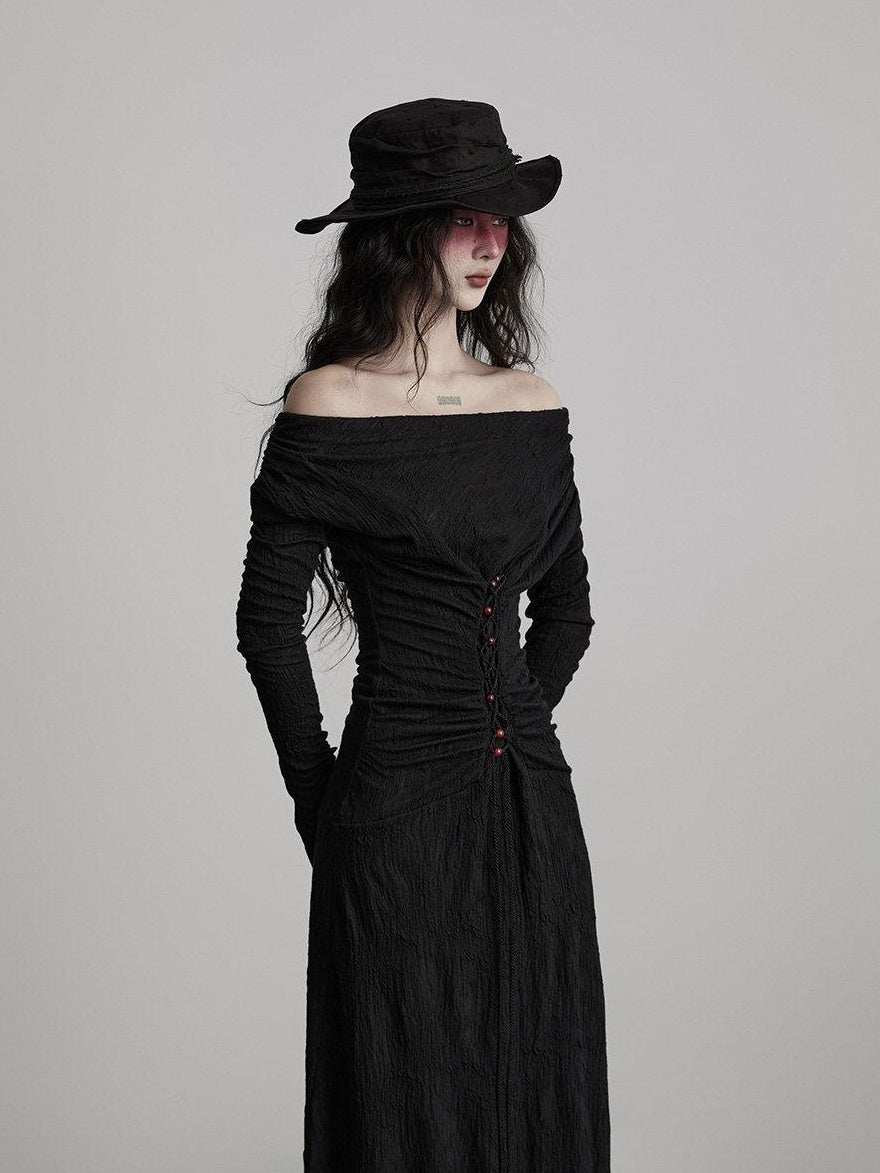 INDULGE Soft Wool Blend Patchwork Waist Cinch Drape Neck Black Women Casual Maxi Dresses