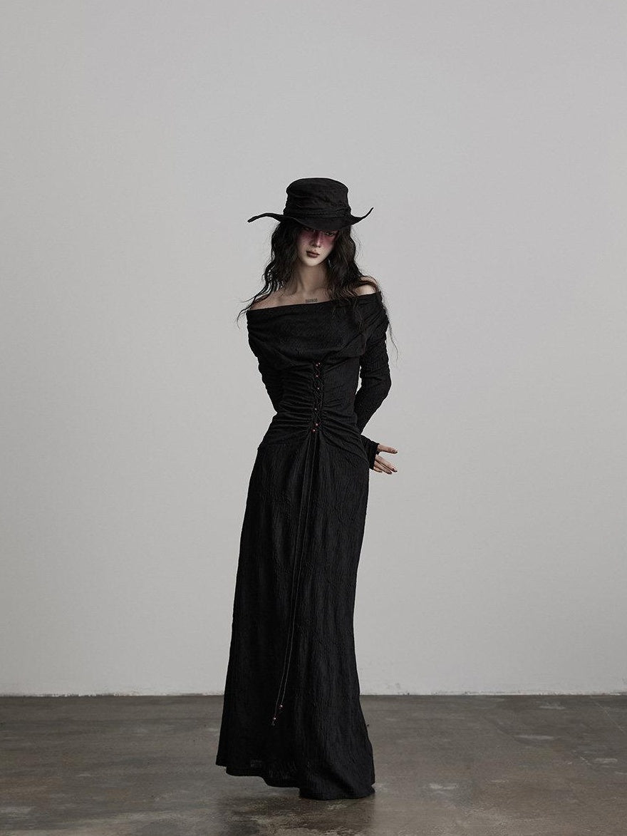 INDULGE Soft Wool Blend Patchwork Waist Cinch Drape Neck Black Women Casual Maxi Dresses