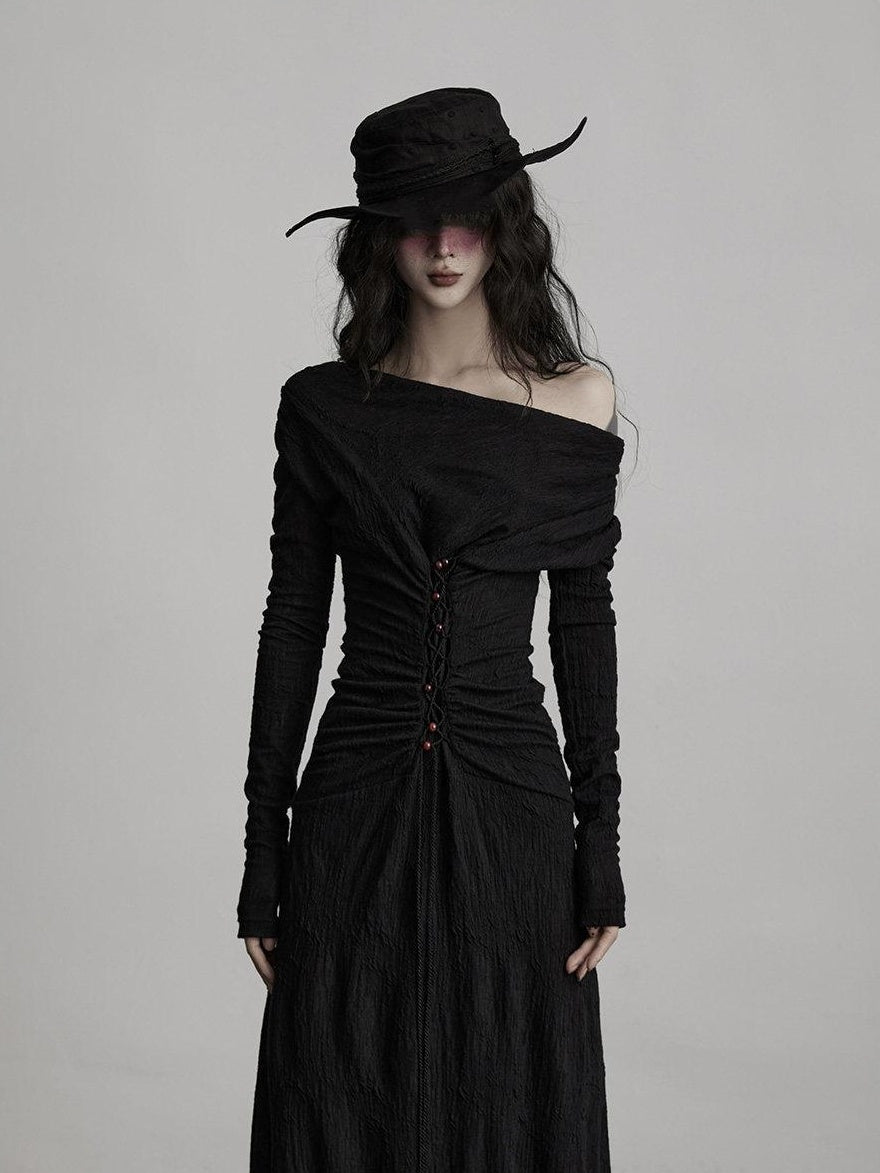 INDULGE Soft Wool Blend Patchwork Waist Cinch Drape Neck Black Women Casual Maxi Dresses