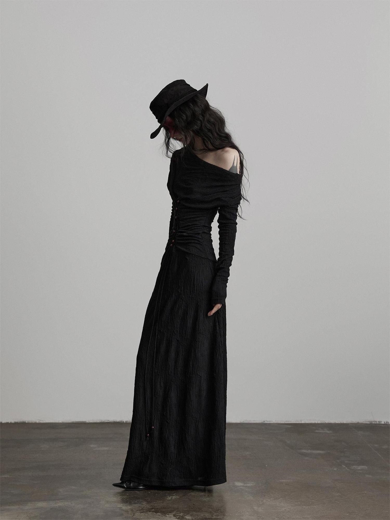 INDULGE Soft Wool Blend Patchwork Waist Cinch Drape Neck Black Women Casual Maxi Dresses