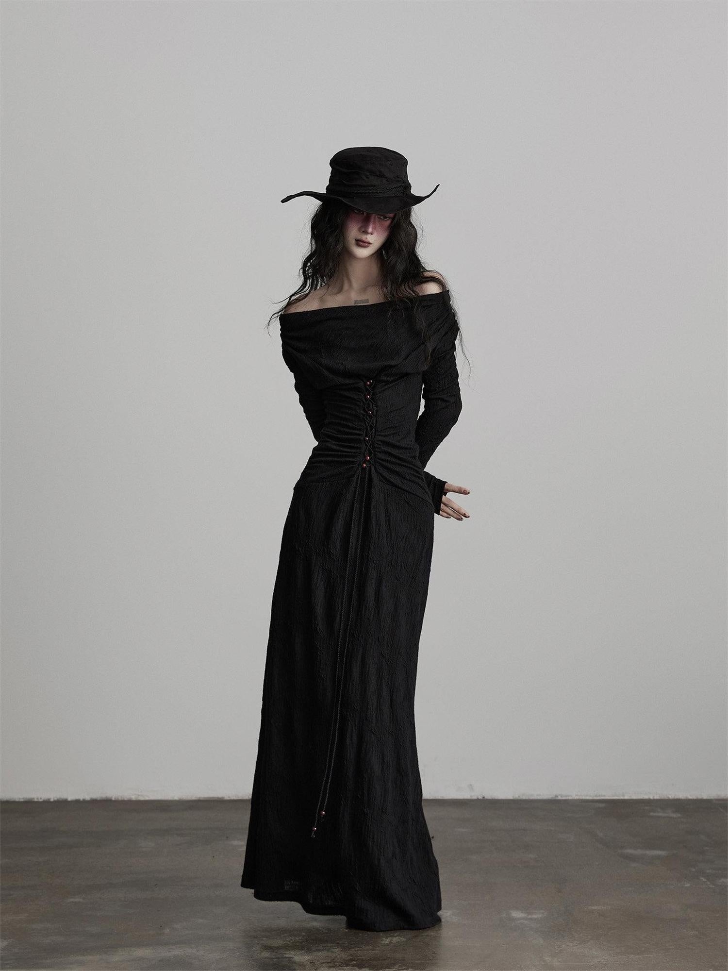 INDULGE Soft Wool Blend Patchwork Waist Cinch Drape Neck Black Women Casual Maxi Dresses