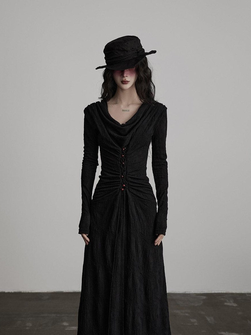 INDULGE Soft Wool Blend Patchwork Waist Cinch Drape Neck Black Women Casual Maxi Dresses