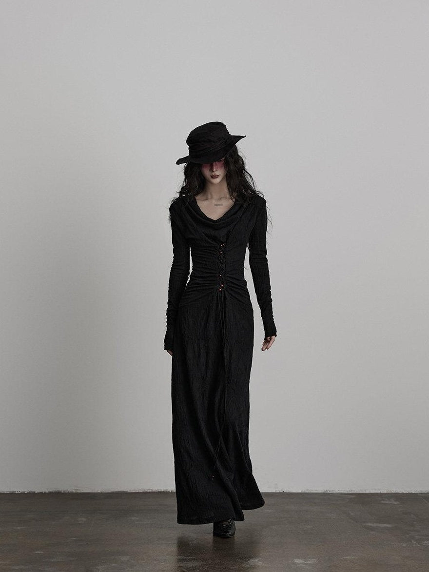 INDULGE Soft Wool Blend Patchwork Waist Cinch Drape Neck Black Women Casual Maxi Dresses