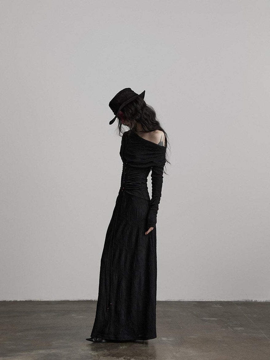 INDULGE Soft Wool Blend Patchwork Waist Cinch Drape Neck Black Women Casual Maxi Dresses