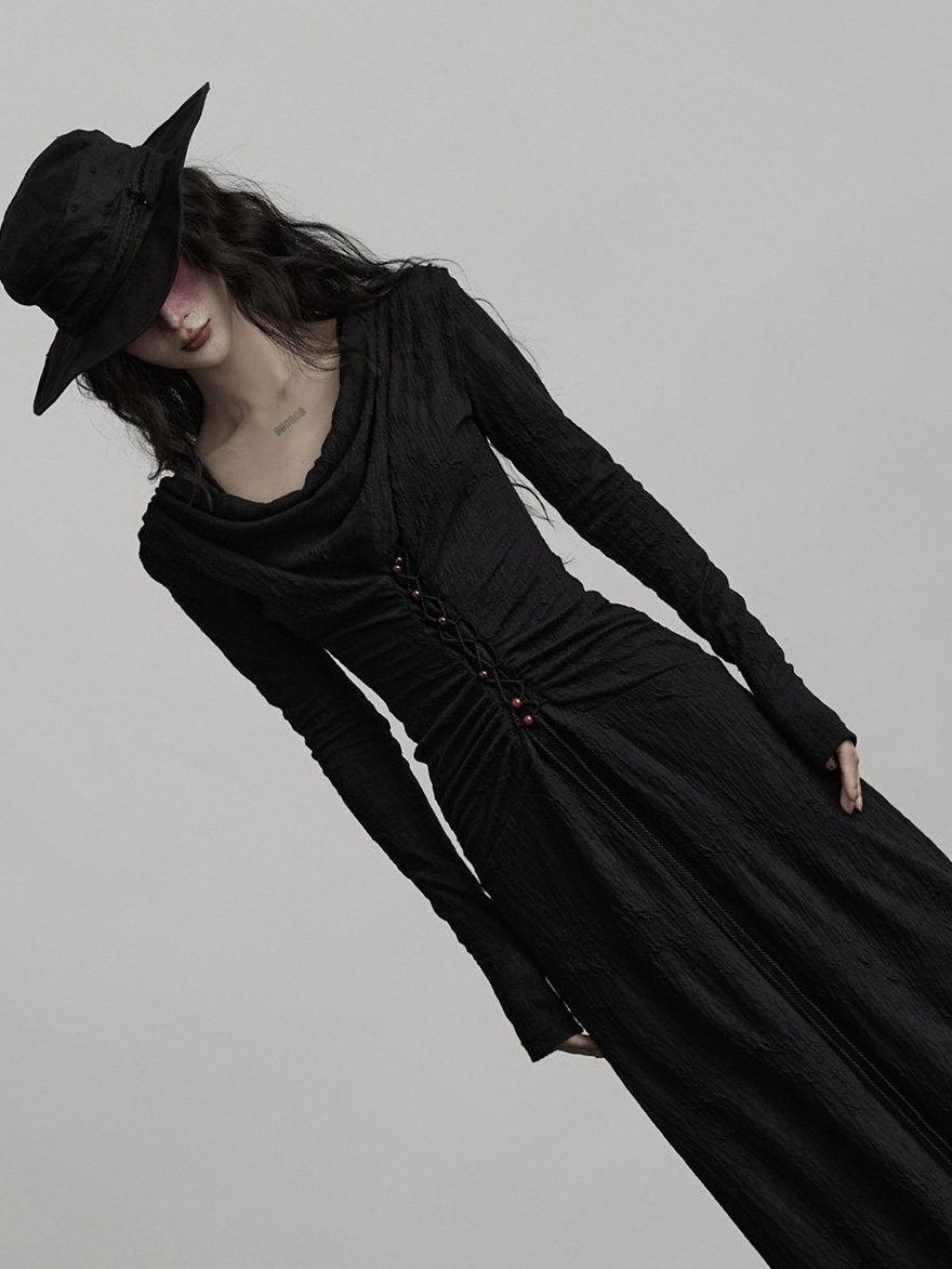 INDULGE Soft Wool Blend Patchwork Waist Cinch Drape Neck Black Women Casual Maxi Dresses