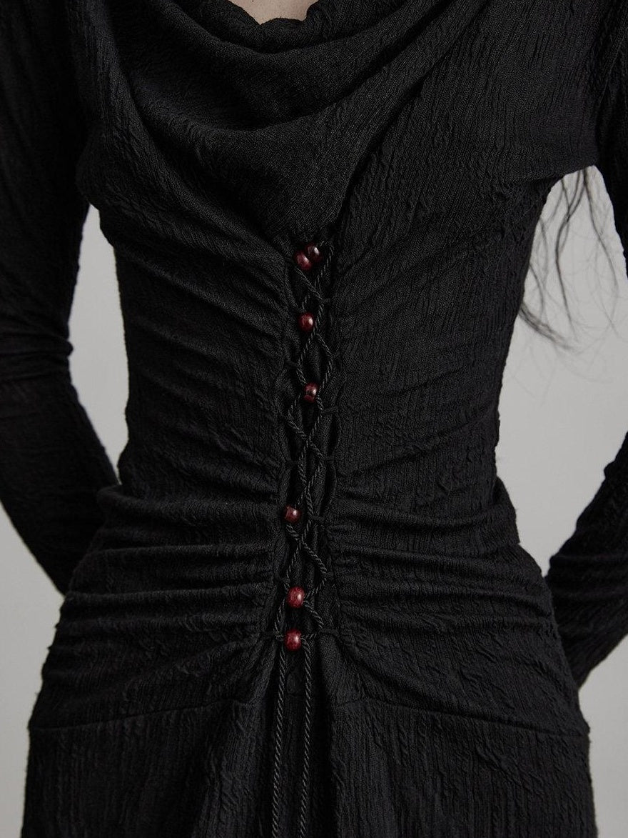 INDULGE Soft Wool Blend Patchwork Waist Cinch Drape Neck Black Women Casual Maxi Dresses
