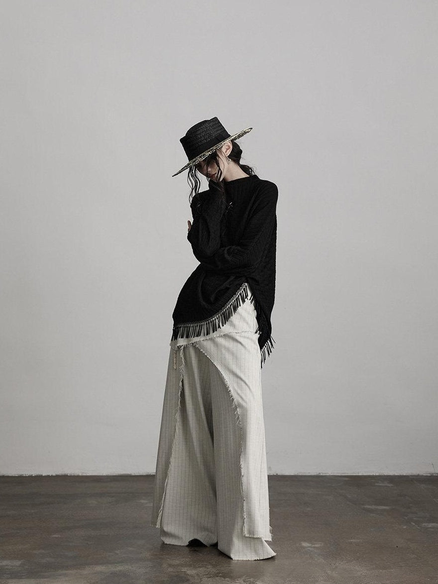 INDULGE Stretch Patchwork Striped Culotte Natural Waist Women Beige Wide-Leg Pants