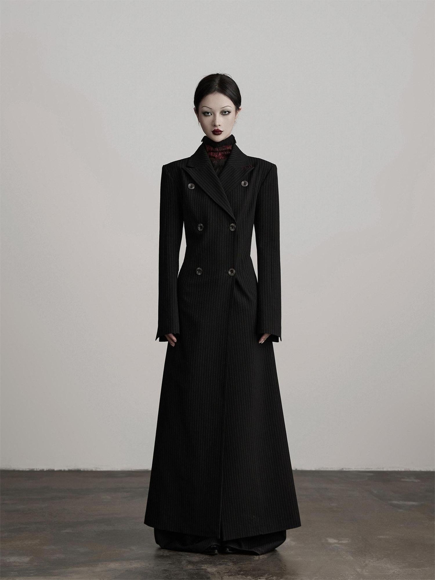 INDULGE Striped Casual Double Breasted Mid Length Lapel Collar Women Black Trench Coats