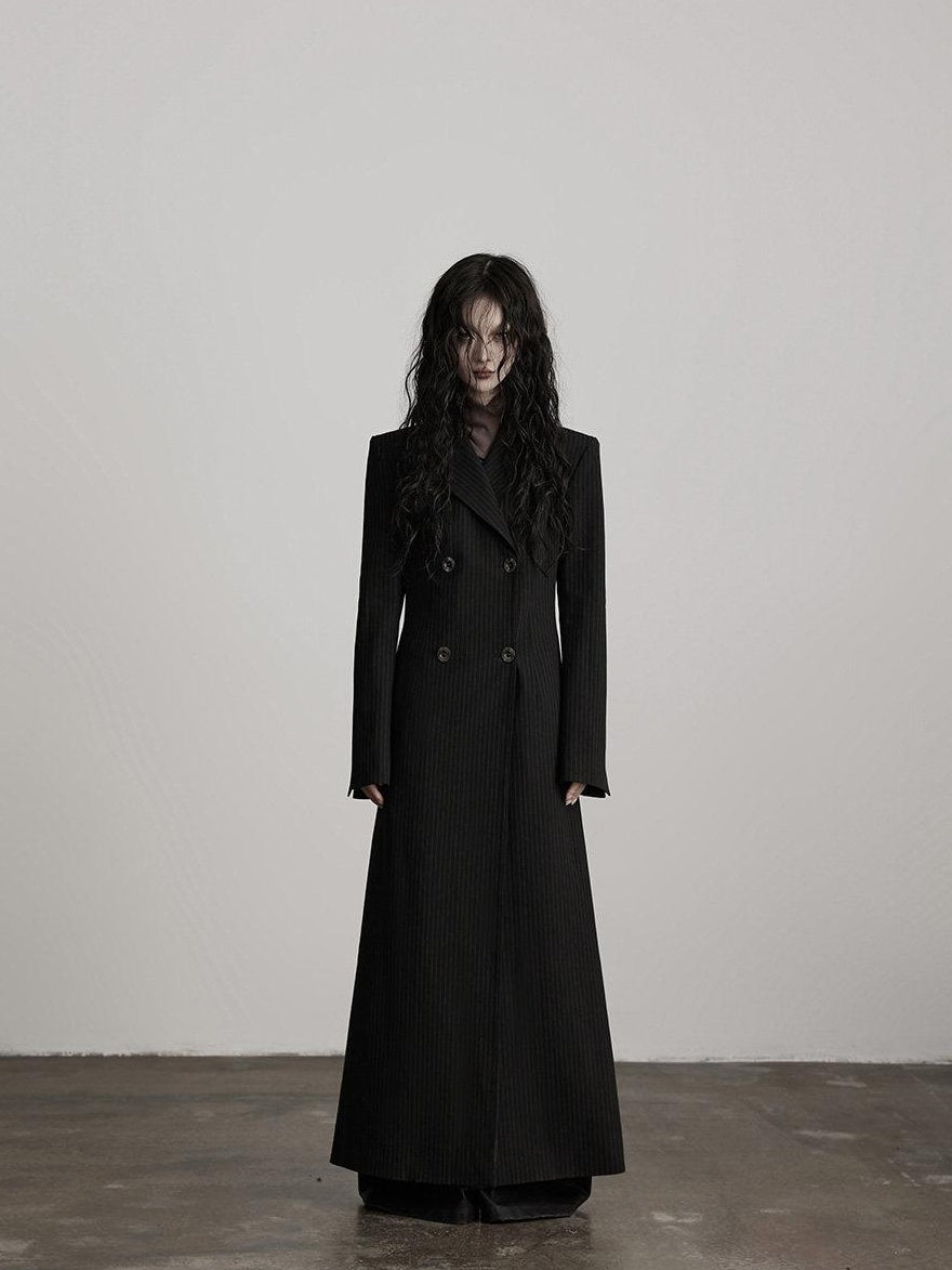 INDULGE Striped Casual Double Breasted Mid Length Lapel Collar Women Black Trench Coats