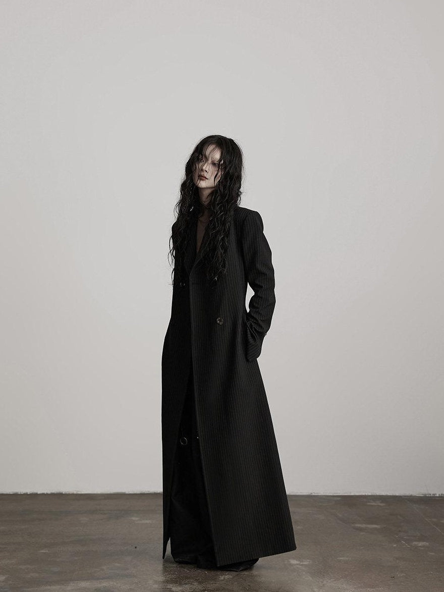 INDULGE Striped Casual Double Breasted Mid Length Lapel Collar Women Black Trench Coats