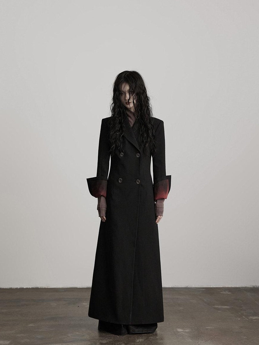 INDULGE Striped Casual Double Breasted Mid Length Lapel Collar Women Black Trench Coats
