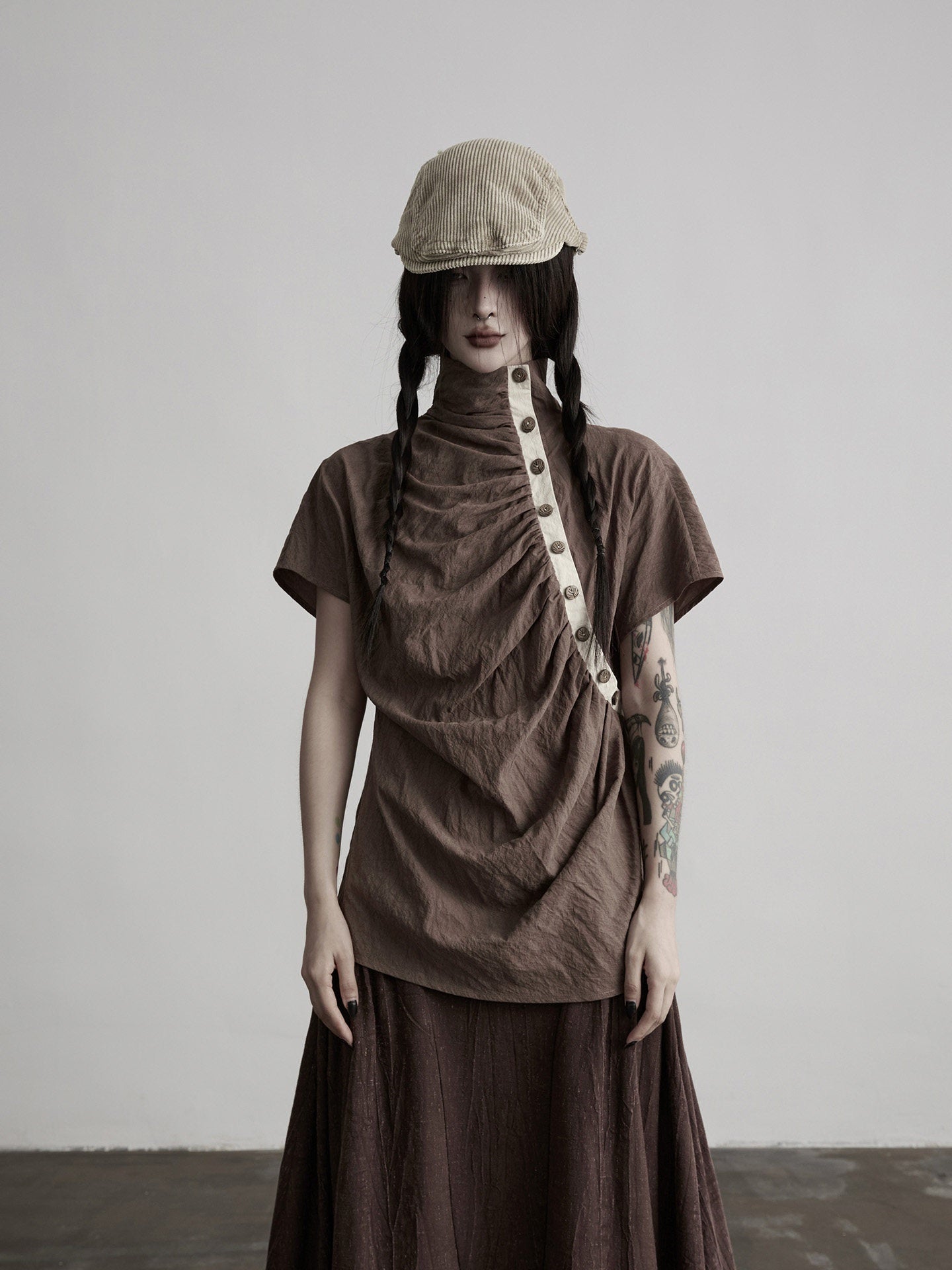 INDULGE_Tencel_Pleated_Slant_Placket_Mock_Neck_Women&