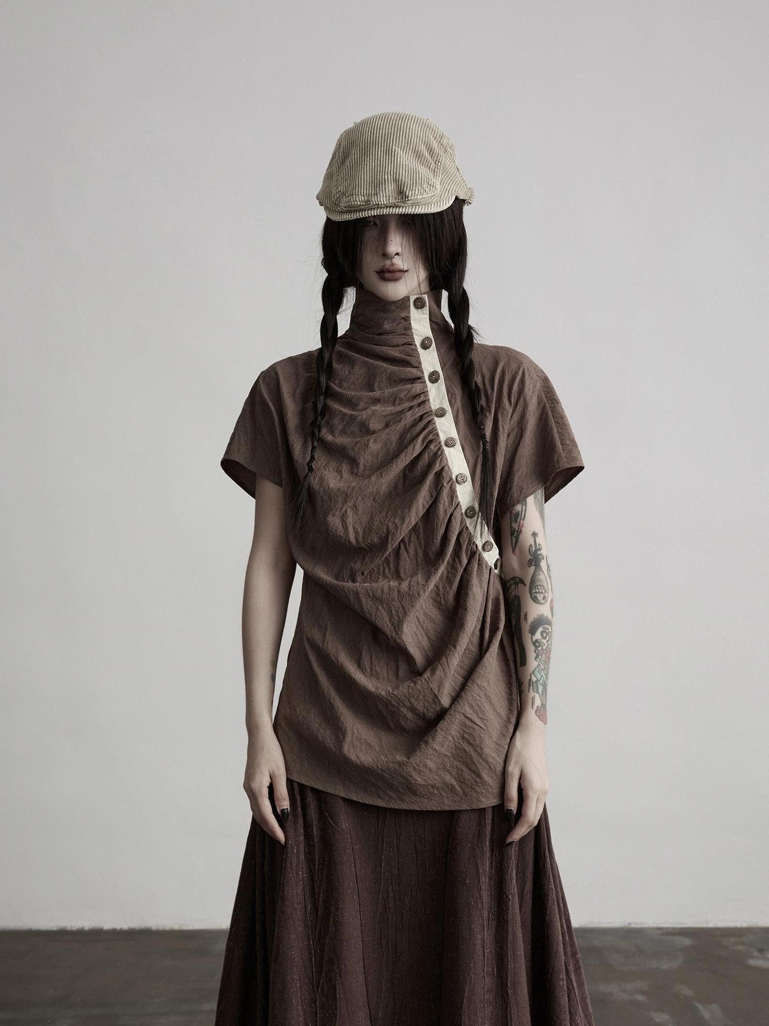 INDULGE Tencel Pleated Slant Placket Mock Neck Women&