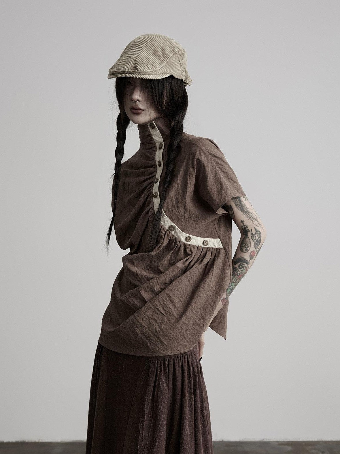 INDULGE Tencel Pleated Slant Placket Mock Neck Women&