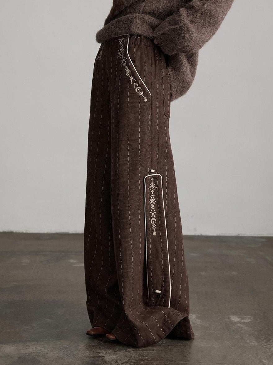 INDULGE Warm Fleece Gothic Striped Pocket Loose Natural Waist Women Wide-Leg Pants