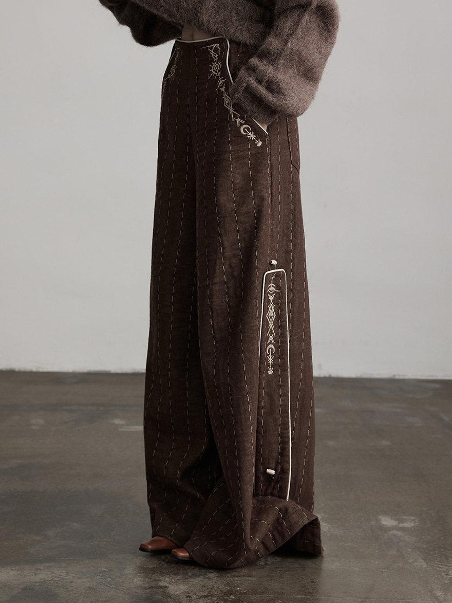 INDULGE Warm Fleece Gothic Striped Pocket Loose Natural Waist Women Wide-Leg Pants