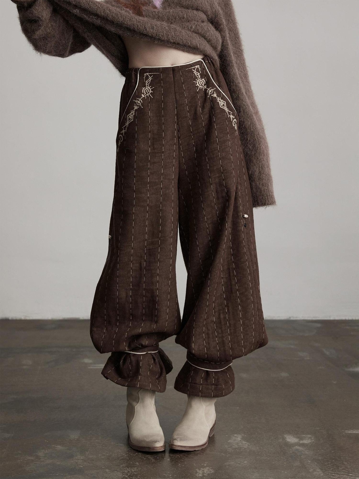 INDULGE Warm Fleece Gothic Striped Pocket Loose Natural Waist Women Wide-Leg Pants