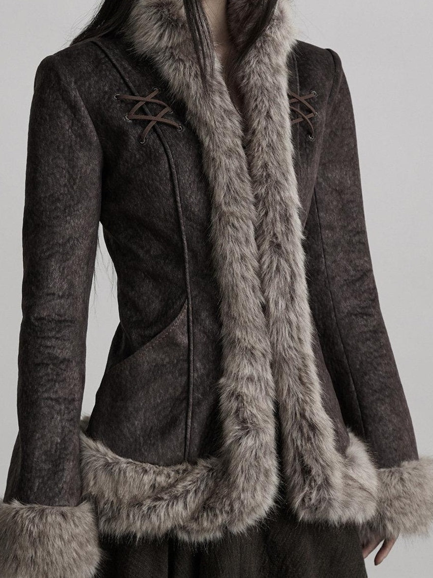 INDULGE Vestes courtes pour femmes en polyester épais et chaud, avec col en fourrure élégant et poches latérales.