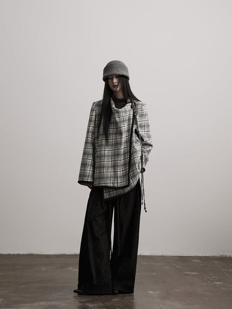 INDULGE Warm Wool Blend Commuter Loose Fit Lapel Women Black White Check Casual Jackets