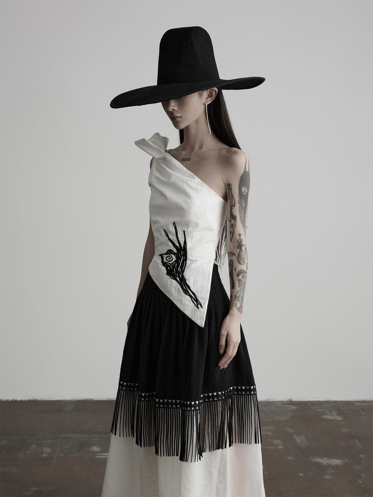 INDULGE White Embroidered One Shoulder Asymmetric Hem Women&