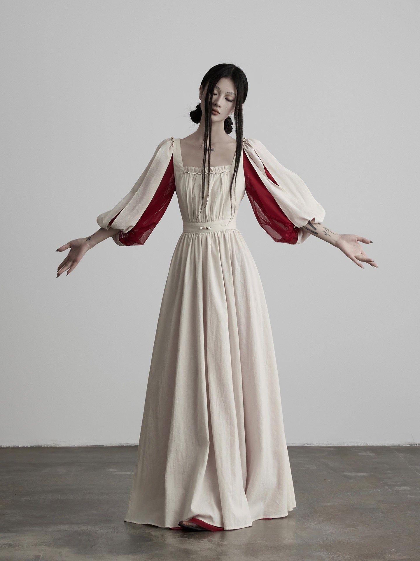 INDULGE_White_Spliced_Square_Neck_Cinched_Waist_Women&