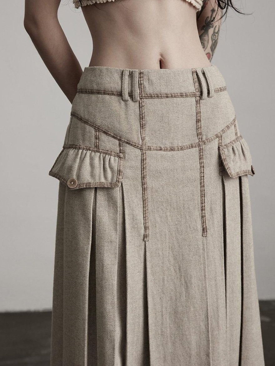 INDULGE Wool Blend Slight Stretch Vintage Pleated Midrise Women Office Beige Maxi Skirts