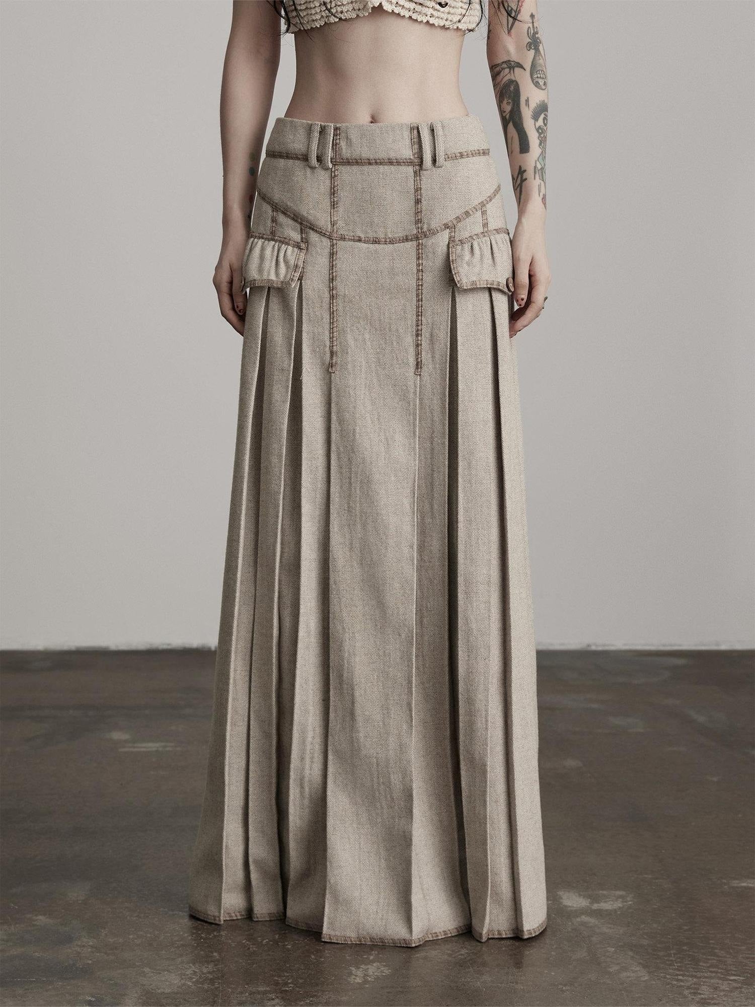 INDULGE Wool Blend Slight Stretch Vintage Pleated Midrise Women Office Beige Maxi Skirts