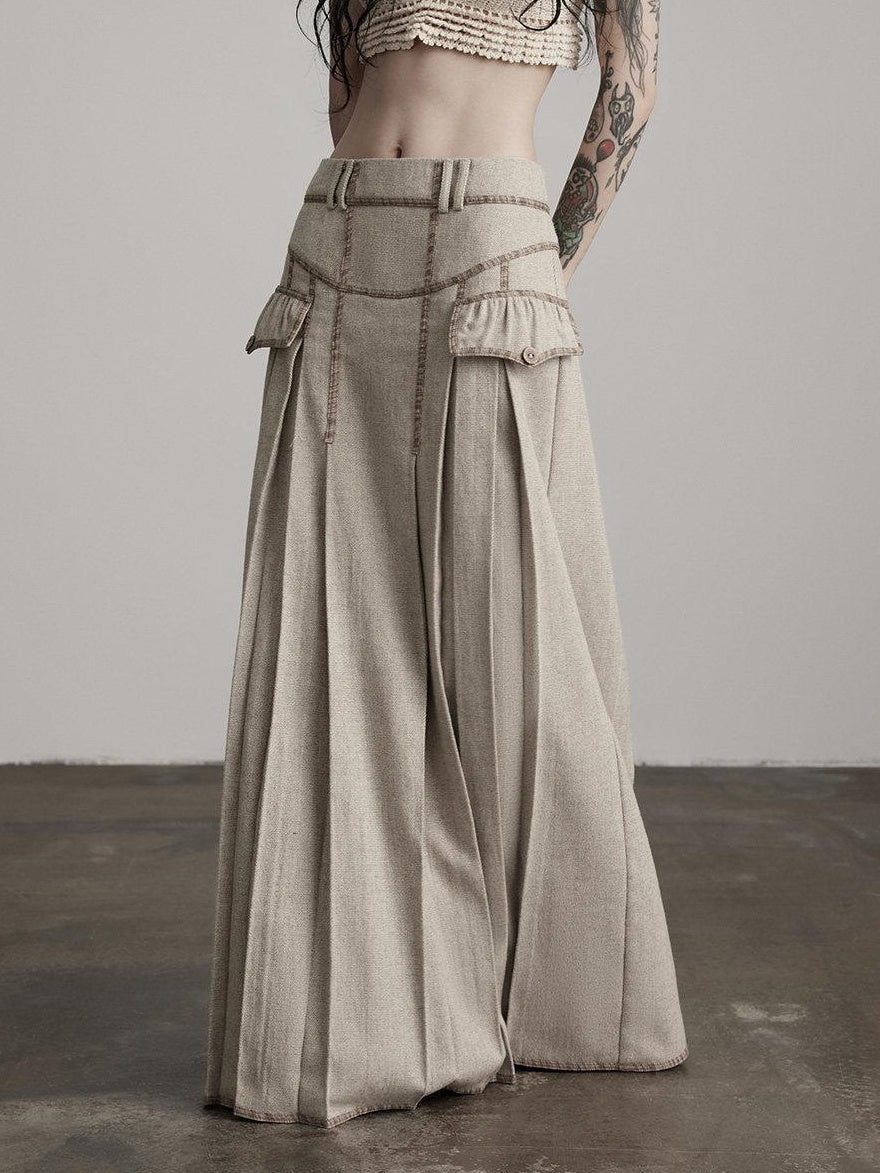 INDULGE Wool Blend Slight Stretch Vintage Pleated Midrise Women Office Beige Maxi Skirts