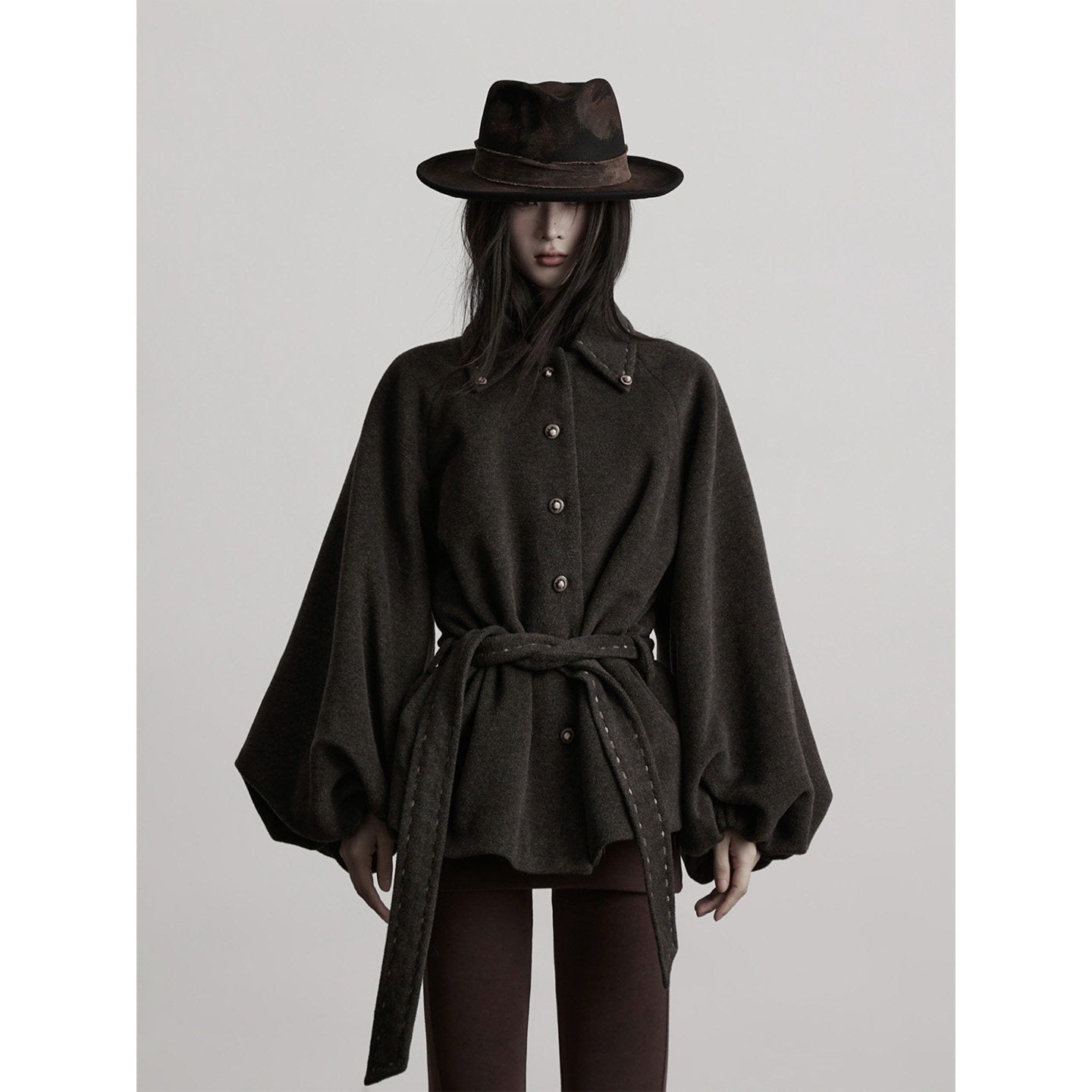 INDULGE Wool Blend Waist Cinch Dark Aesthetic Loose Polo Collar Women Casual Jackets