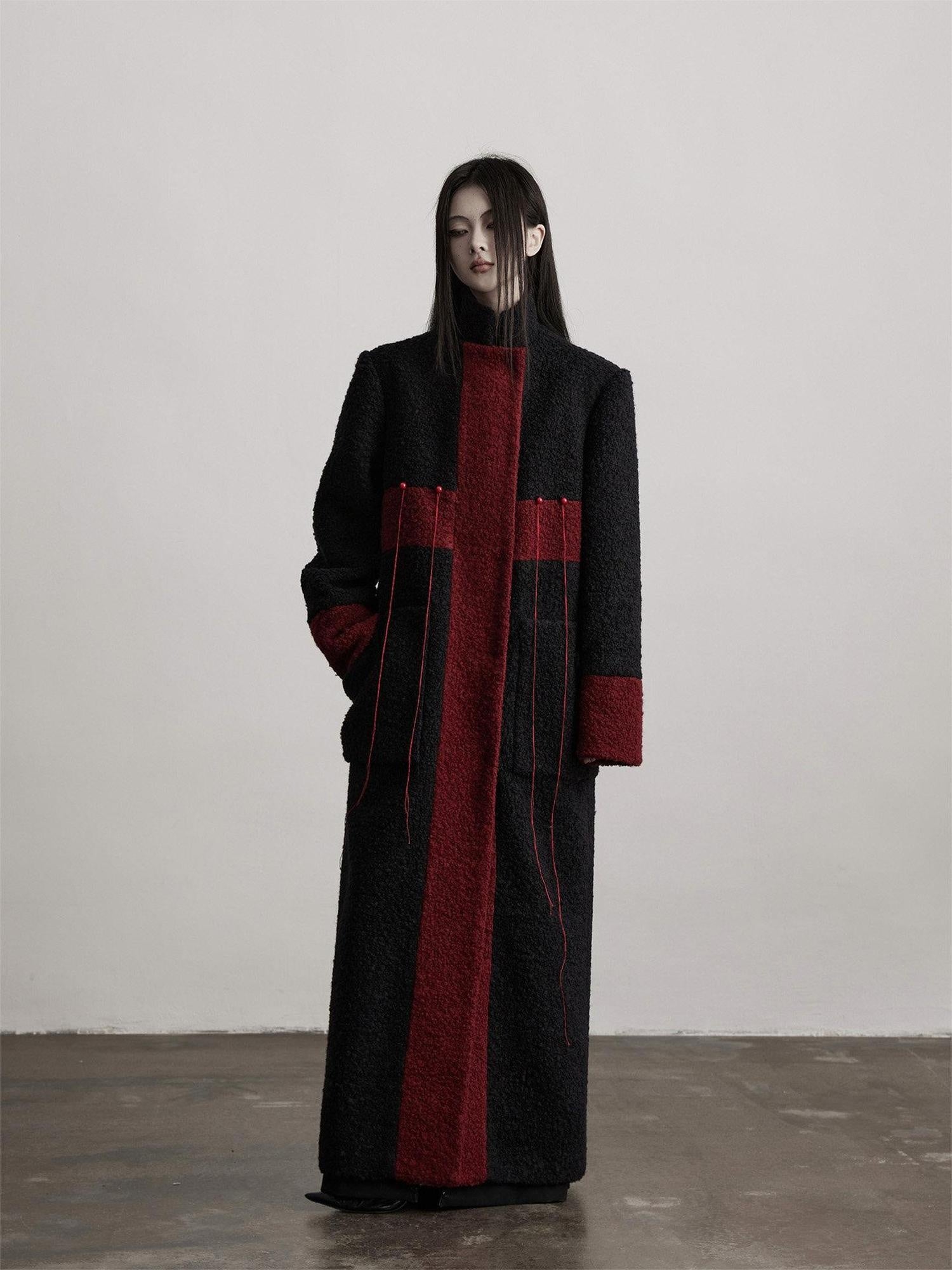 INDULGE Wool Blend Warm Cross Detail Street Punk Loose Fit Stand Collar Black Long Coats