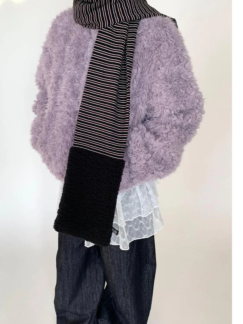 Icelandic Faux Fur Scarf Striped Winter Warm Knitted Wrap Neckwear
