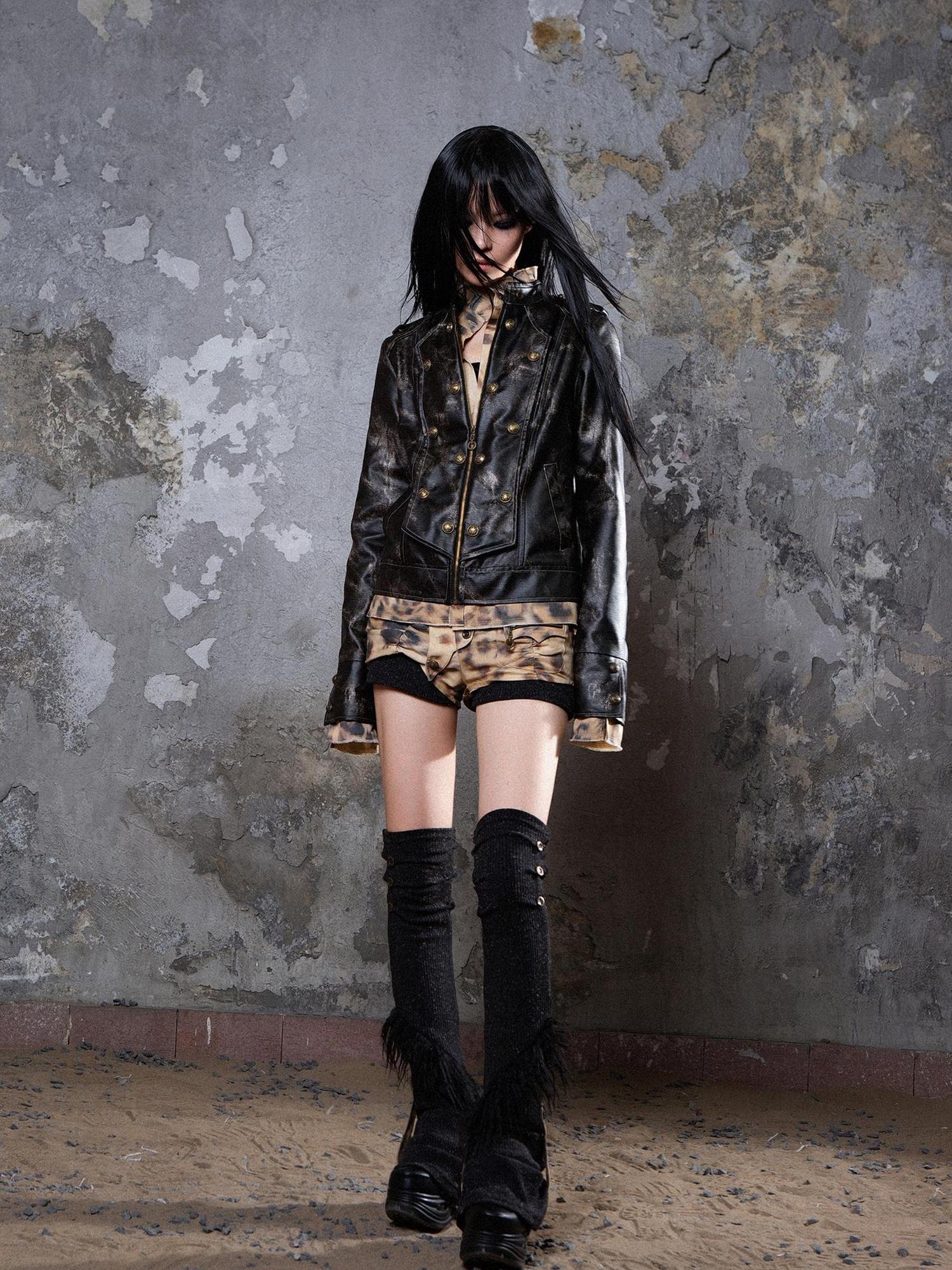 ARIADNAw Industrial Punk Leather Jacket Set Edgy Women Winter Rockwear