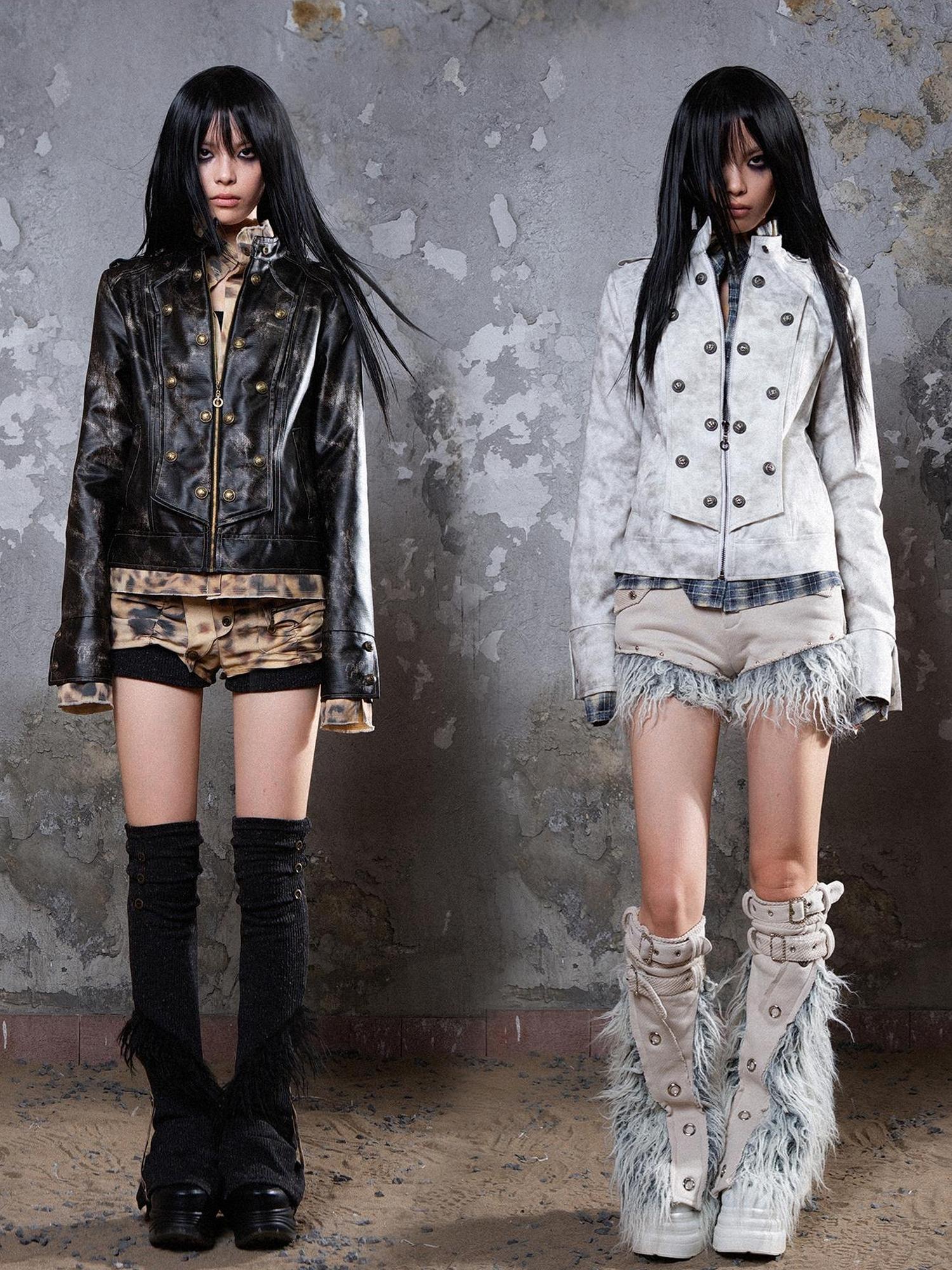 ARIADNAw Industrial Punk Leather Jacket Set Edgy Women Winter Rockwear