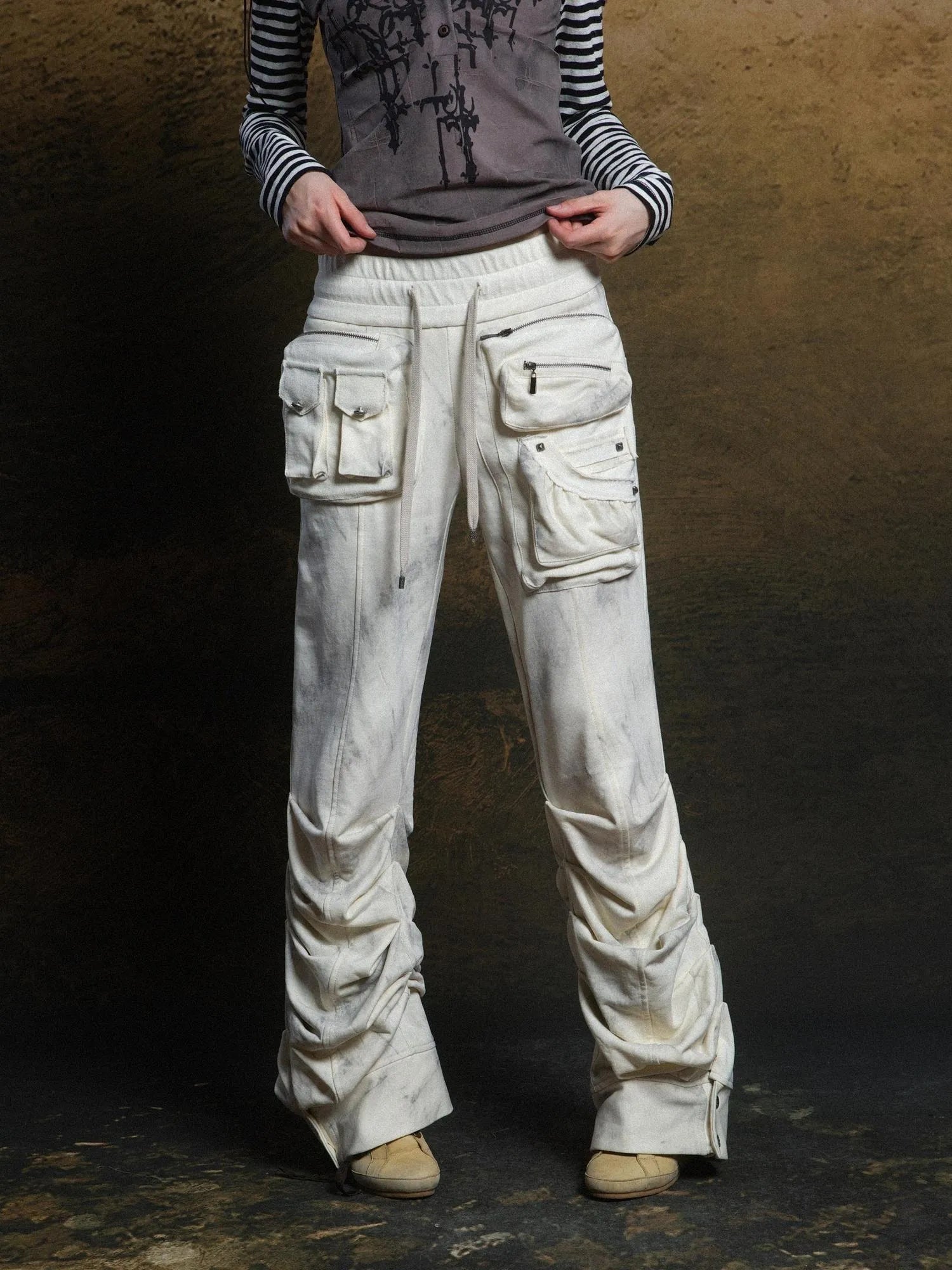 Industrial Punk Pocket Pants Low Waist Loose Streetwear For Women