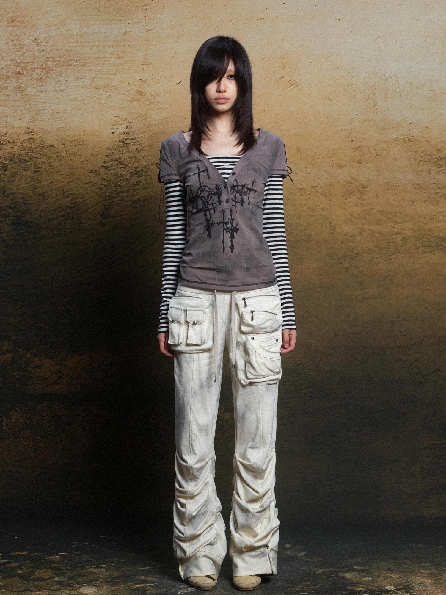 ARIADNAw Industrial Punk Pocket Pants Low Waist Loose Streetwear For Women