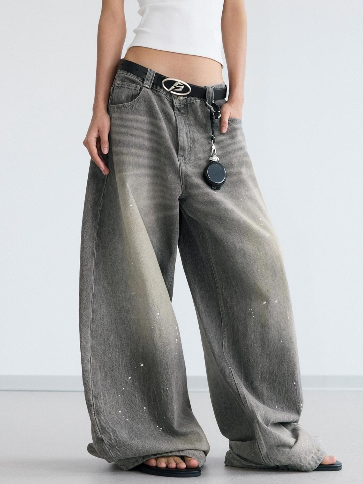 Peoplesense Ink Wash Gray Wide Leg Jeans Loose Fit 3 D Cotton