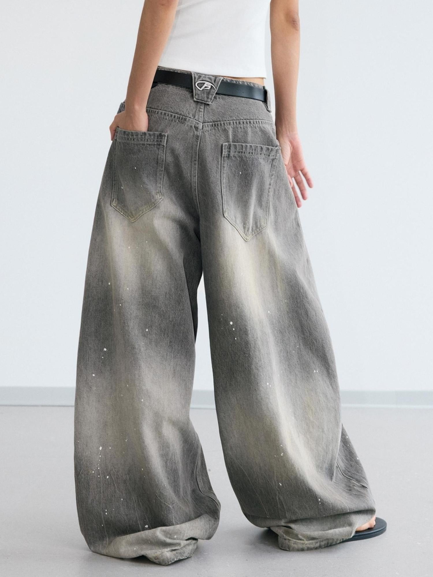 Peoplesense Ink Wash Gray Wide Leg Jeans Loose Fit 3 D Cotton