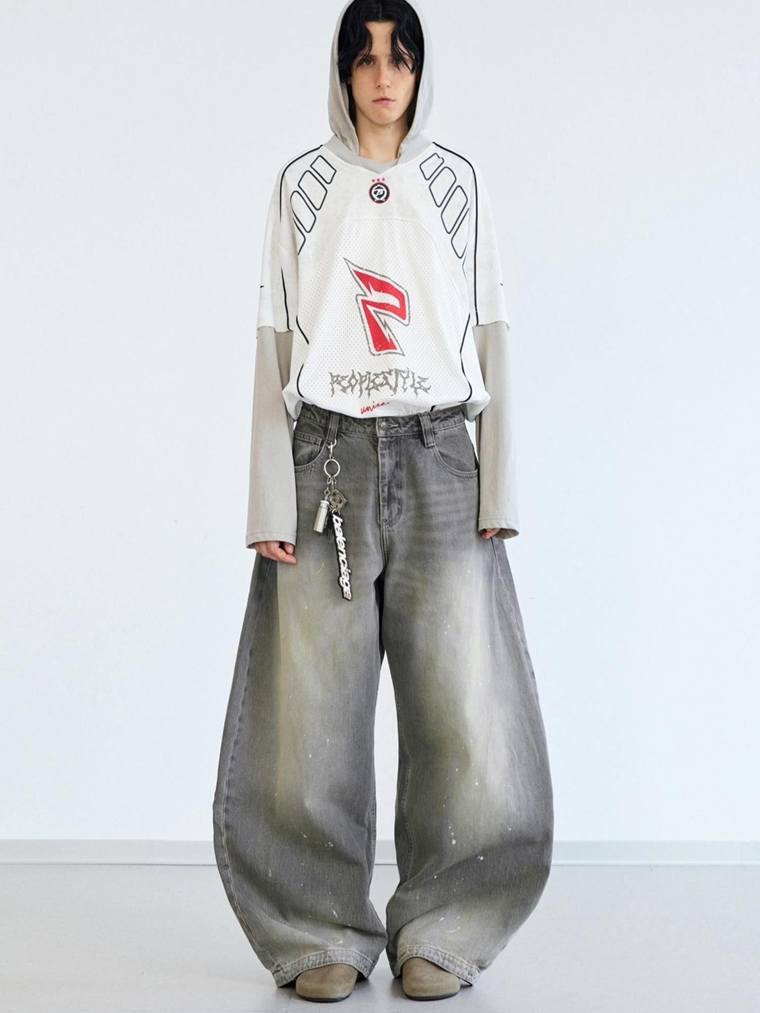 Peoplesense Ink Wash Gray Wide Leg Jeans Loose Fit 3 D Cotton