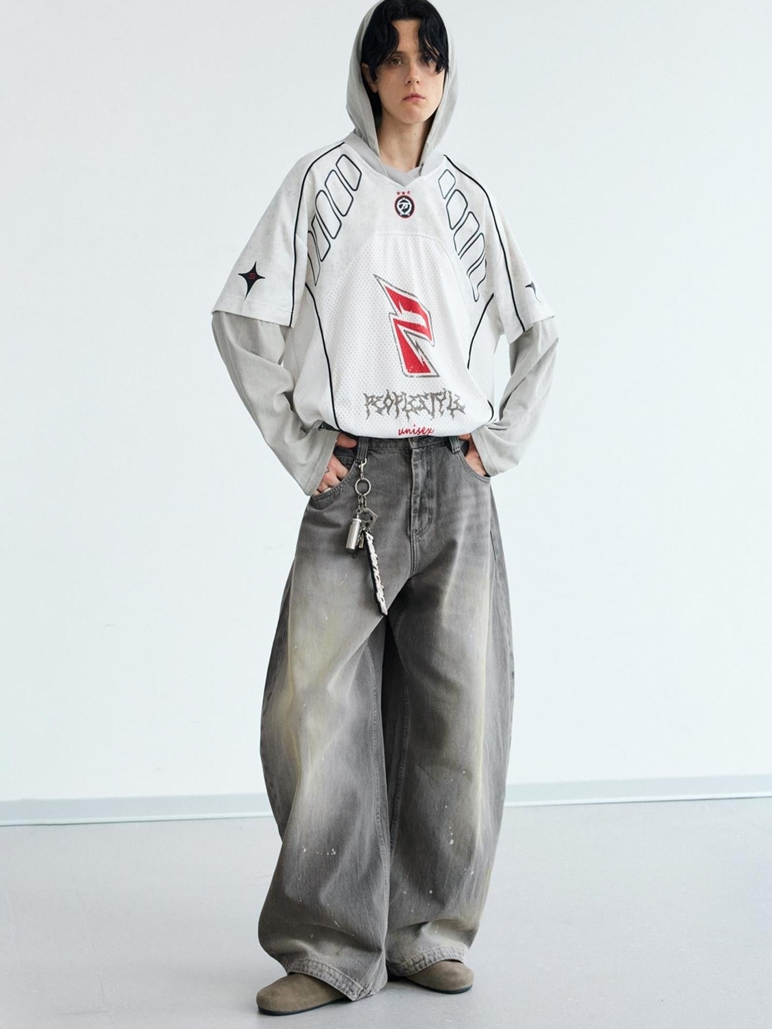Peoplesense Ink Wash Gray Wide Leg Jeans Loose Fit 3 D Cotton