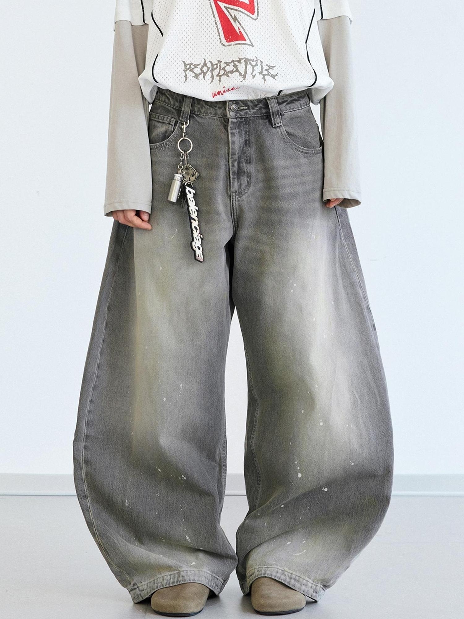 Peoplesense Ink Wash Gray Wide Leg Jeans Loose Fit 3 D Cotton