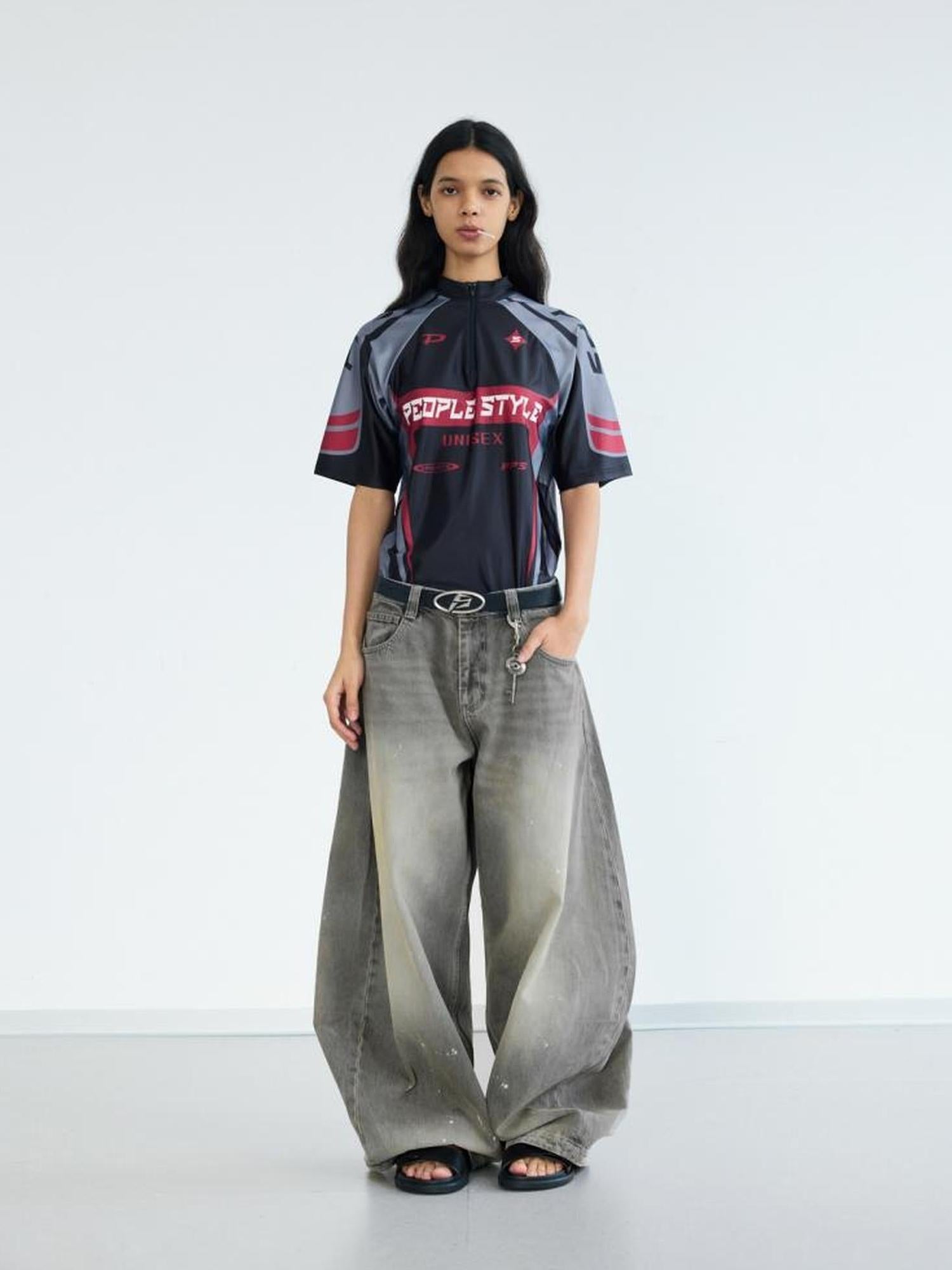Peoplesense Ink Wash Gray Wide Leg Jeans Loose Fit 3 D Cotton