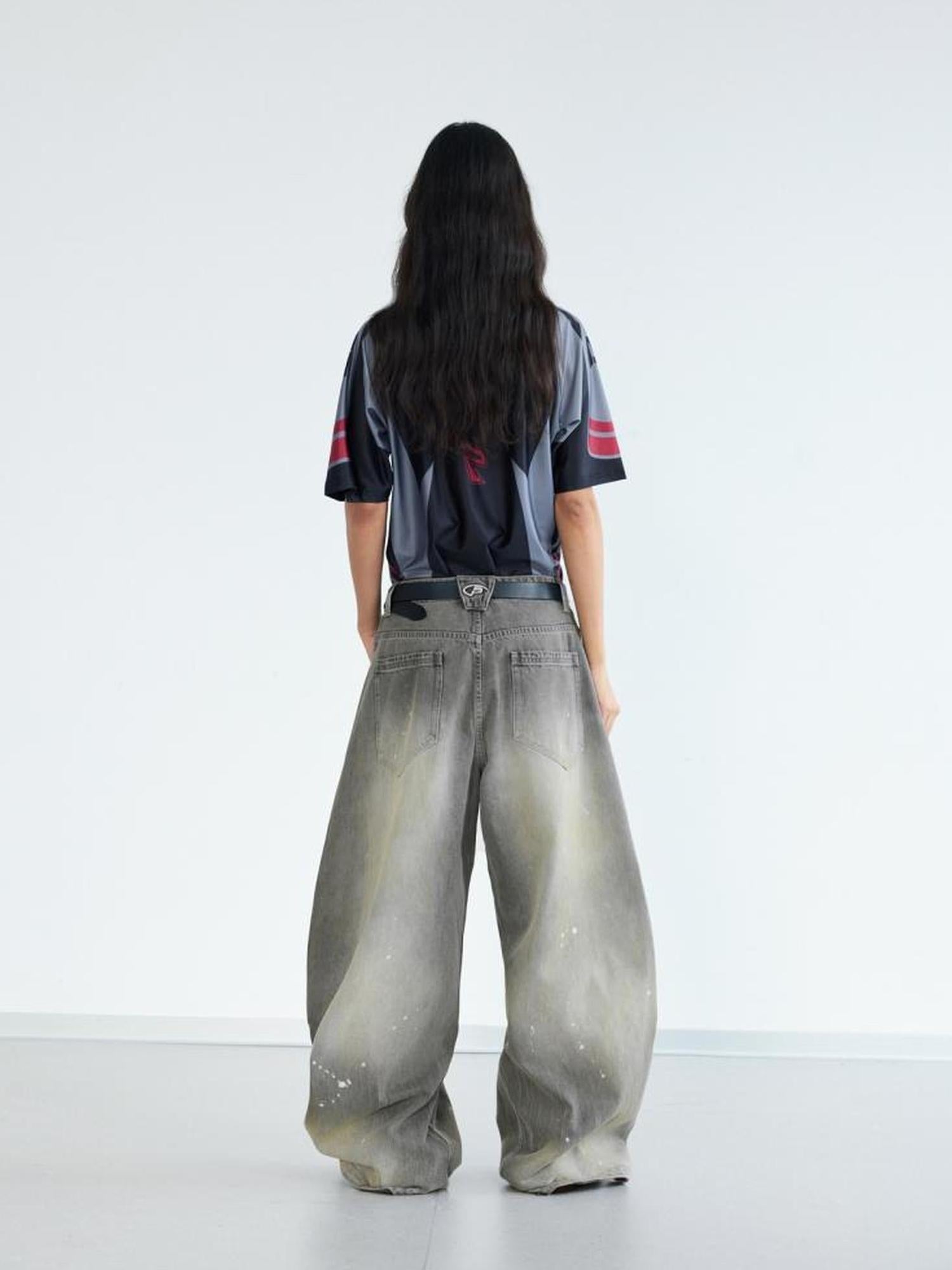 Peoplesense Ink Wash Gray Wide Leg Jeans Loose Fit 3 D Cotton