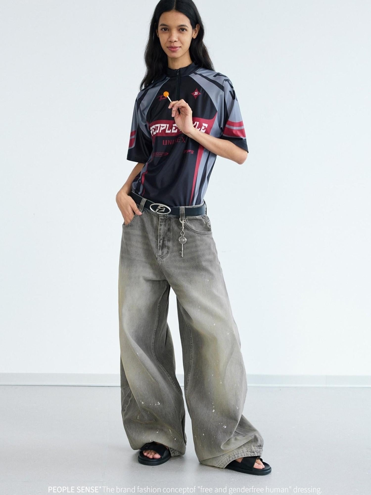 Peoplesense Ink Wash Gray Wide Leg Jeans Loose Fit 3 D Cotton